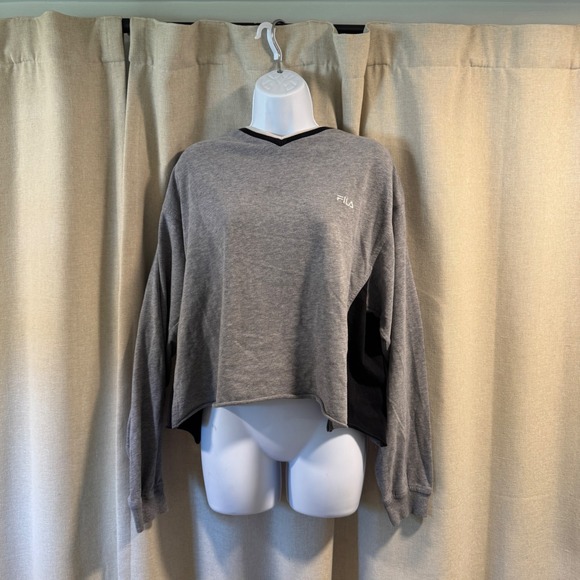 Fila Tops - Fila V Neck Long Sleeve Cropped Sweatshirt Gray Black Trim Athleisure